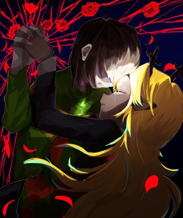 kris (deltarune), noelle holiday, deltarune, utdr (toby fox), commentary, hashtag-only commentary, lowres, 1girl, 1other, 5x5fo, blonde hair, brown hair, crying, flower, forehead-to-forehead, heads together, holding hands, jewelry, long hair, red flower, red petals, red rose, ring, rose, weird route (deltarune)