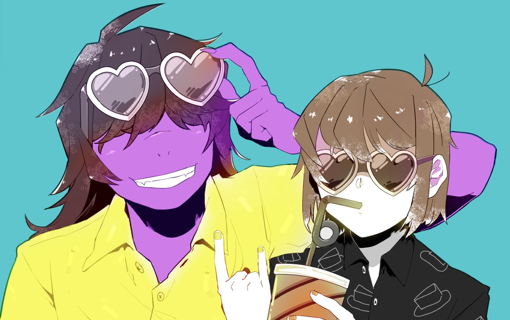 kris (deltarune), susie (deltarune), deltarune, utdr (toby fox), commentary, highres, 1girl, 1other, 5x5fo, n/, adjusting eyewear, alternate costume, aqua background, black shirt, brown hair, collared shirt, cup, drinking, drinking straw, heart, heart-shaped eyewear, holding, holding cup, shirt, short hair, simple background, smile, yellow shirt