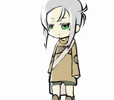 kazuha souju, tea (kino no tabi), kino no tabi, animated, animated gif, lowres, 00s, 1girl, blinking, brown shirt, colored eyelashes, female focus, shirt, simple background, solo, standing, white background, white eyelashes