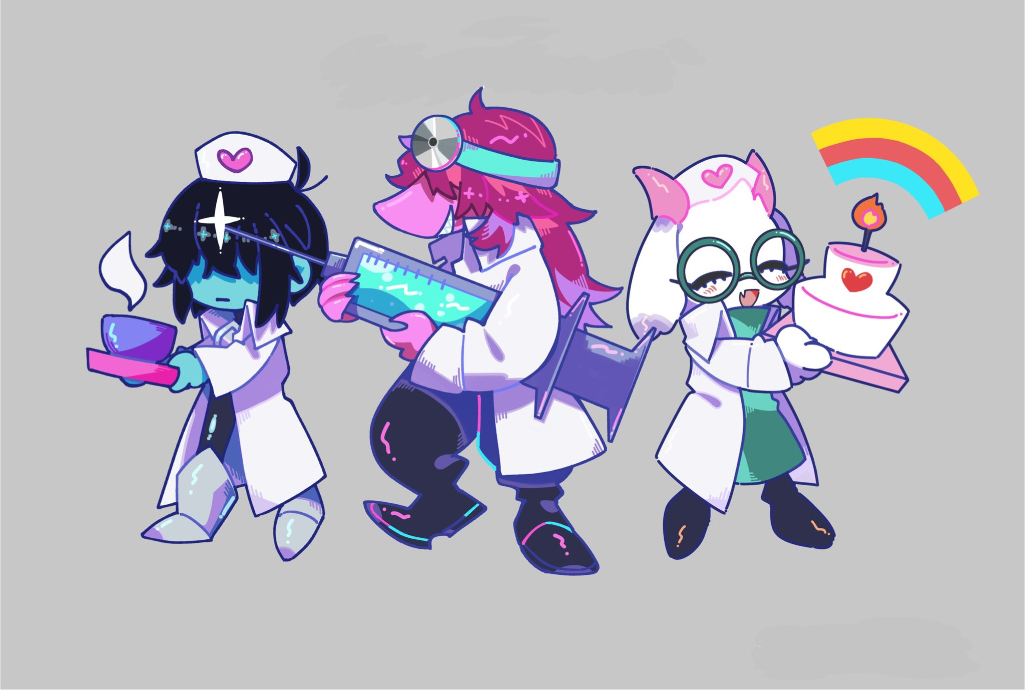 kris (dark world) (deltarune), kris (deltarune), kris (takecare) (deltarune), ralsei, ralsei (takecare), susie (dark world) (deltarune), susie (deltarune), susie (takecare) (deltarune), deltarune, utdr (toby fox), commentary request, highres, 1boy, 1girl, 1other, 5x5fo, black hair, blue skin, boots, cake, coat, colored skin, food, goat boy, goat horns, grey background, holding, holding syringe, holding tray, horns, lab coat, large syringe, long hair, oversized object, pink horns, purple hair, simple background, syringe, tray, white coat