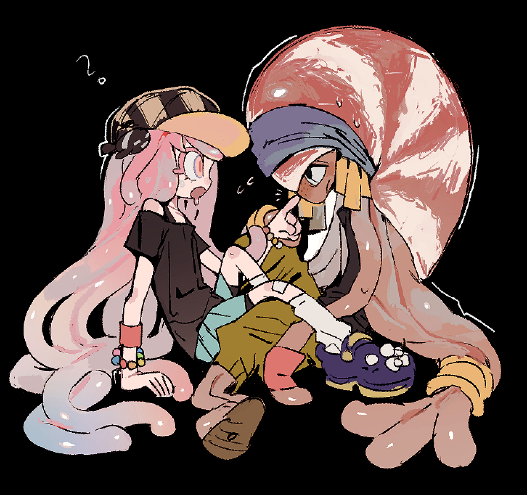 homilmugi, gnarly eddy (splatoon), harmony's clownfish (splatoon), harmony (splatoon), nintendo, splatoon (series), splatoon 3, commentary, 1boy, 1girl, :o, ?, aqua skirt, bandaid, bandaid on knee, bandaid on leg, bead bracelet, beads, bike shorts, black background, black bra, black eyes, black hat, black shirt, bra, bracelet, cape, clownfish, colored skin, drooling, facing another, fish, flying sweatdrops, freckles, green shorts, hat, jewelry, long hair, loose socks, low-tied long hair, mouth drool, nautilus (splatoon), pink eyes, pink hair, pink skin, poking, purple shoes, sandals, shell, shirt, shoes, short sleeves, shorts, sitting, skirt, socks, sweat, tentacle hair, thick eyelashes, underwear
