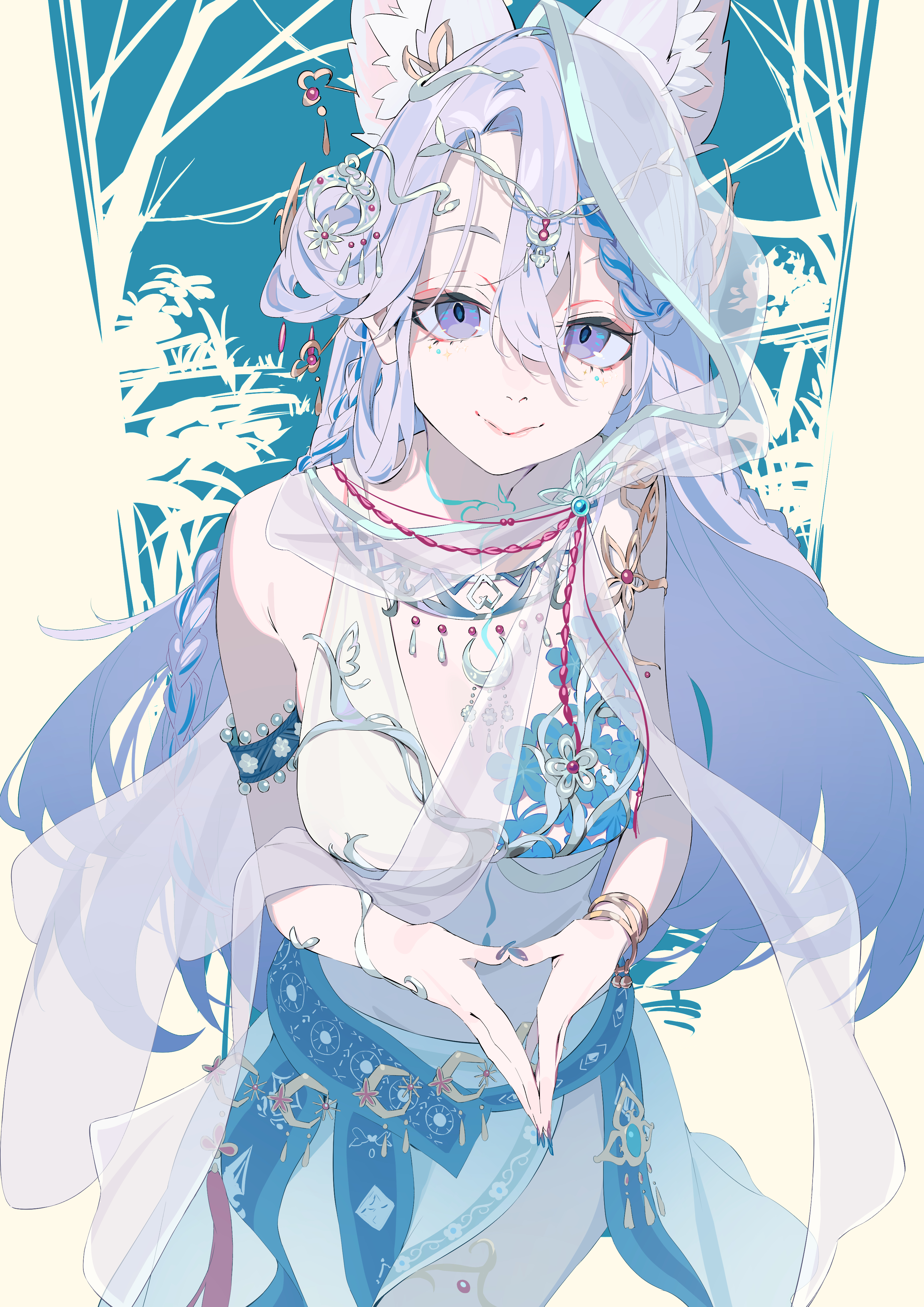 ibaraki shun, indie virtual youtuber, absurdres, commission, highres, skeb commission, 1girl, animal ears, blue nails, bracelet, breasts, circlet, fox ears, hair between eyes, jewelry, long hair, looking at viewer, medium breasts, midriff, purple eyes, purple hair, smile, solo, steepled fingers, virtual youtuber