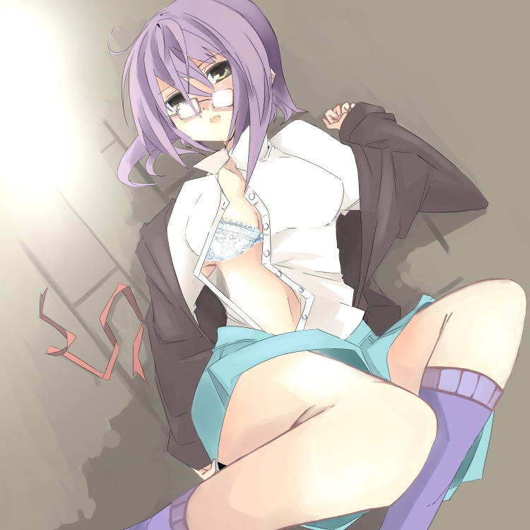 kanikama, nagato yuki, suzumiya haruhi no yuuutsu, 00s, bra, glasses, lingerie, open clothes, open shirt, shirt, solo, underwear