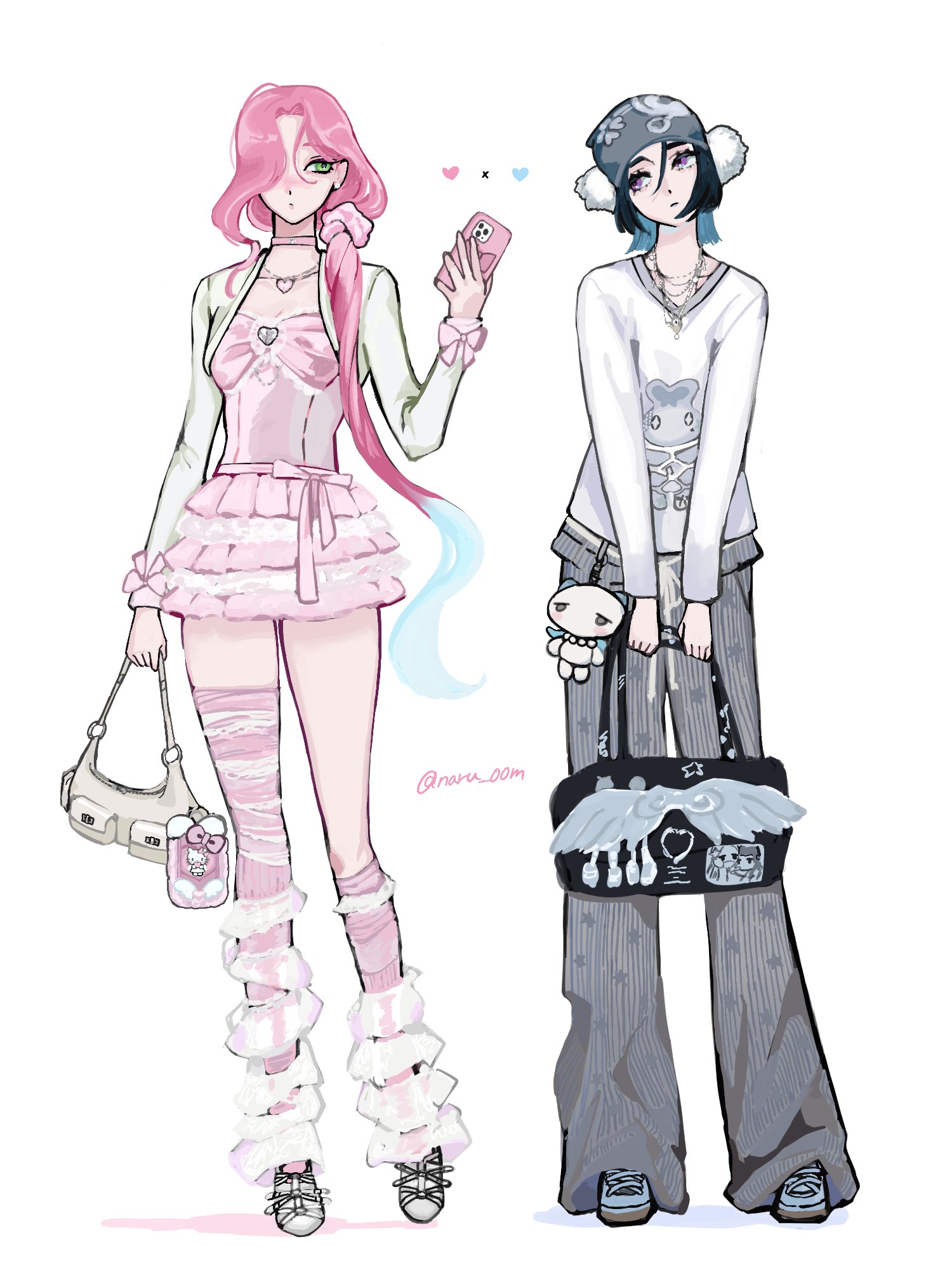 mizi (alien stage), sua (alien stage), alien stage, commentary, highres, 2girls, alternate costume, bag, beanie, black bag, black hair, cardigan, cellphone, charm (object), dress, green eyes, grey hat, grey pants, hair ornament, hair over one eye, hair scrunchie, hat, heart, holding, holding bag, holding phone, long hair, long sleeves, low side ponytail, medium hair, multiple girls, naru 00m, pants, phone, pink dress, pink hair, pink scrunchie, purple eyes, scrunchie, shirt, signature, smartphone, white bag, white cardigan, white shirt