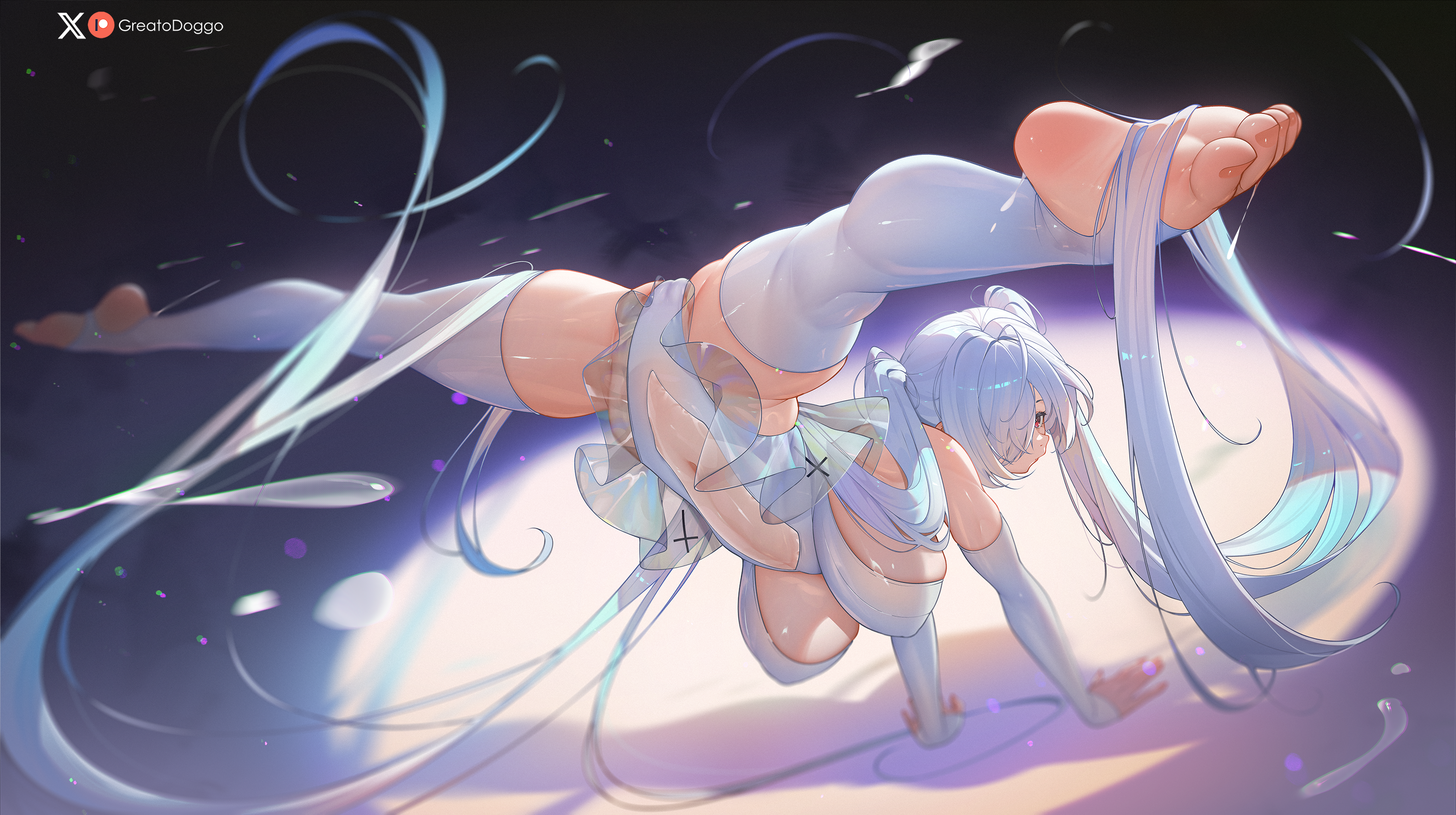 greatodoggo, cinderella (glass princess) (nikke), cinderella (nikke), goddess of victory: nikke, highres, 1girl, balancing, bare shoulders, barefoot, blue eyes, breasts, cameltoe, cleavage, dress, elbow gloves, feet, flexible, gloves, hair over one eye, handstand, large breasts, leotard, long hair, looking at viewer, navel, no shoes, official alternate costume, see-through clothes, see-through dress, soles, solo, spread legs, stirrup legwear, thighhighs, toe scrunch, toeless legwear, toenails, toes, twintails, upside-down, very long hair, white gloves, white hair, white leotard, white thighhighs