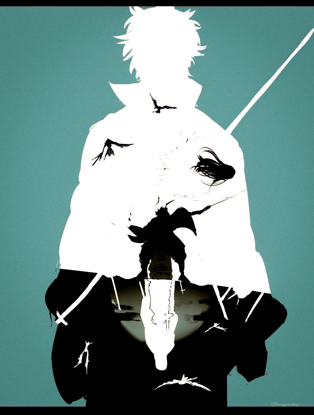 imamuu (imamoon), sakata gintoki, yoshida shouyou, gintama, highres, 2boys, aqua background, bird, disembodied head, headband, holding, holding sword, holding weapon, long hair, male focus, multiple boys, slashing, sword, twitter username, weapon