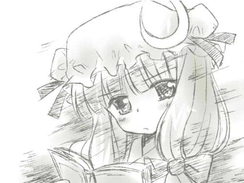 yuugiri (artist), yuugiri (u-slash), patchouli knowledge, touhou, lowres, 1girl, book, female focus, greyscale, monochrome, solo