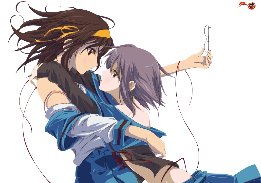 nagato yuki, suzumiya haruhi, kannazuki no miko, suzumiya haruhi no yuuutsu, 2girls, brown hair, glasses, miko embrace, multiple girls, parody, purple hair, school uniform, serafuku, short hair, transparent background, undressing, yuri