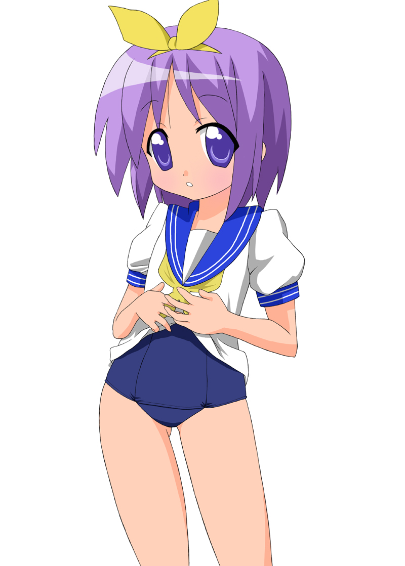sawa (artist), sawa (snack yoshie), hiiragi tsukasa, lucky star, 00s, no pants, one-piece swimsuit, school swimsuit, school uniform, serafuku, solo, swimsuit, swimsuit under clothes