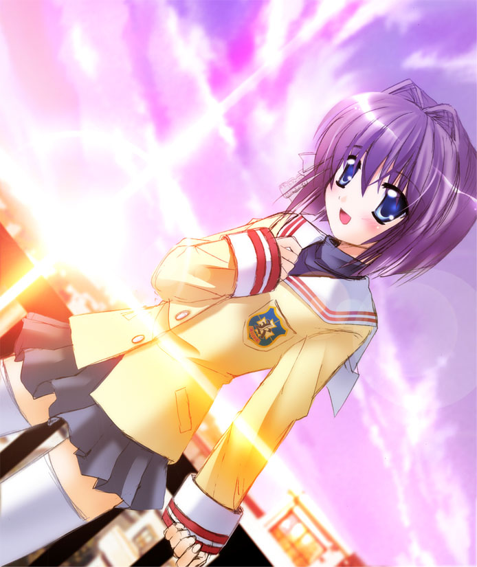 otoki raku, fujibayashi ryou, clannad, 00s, 1girl, blue eyes, female focus, hair ribbon, purple hair, ribbon, school uniform, serafuku, short hair, solo, sunset, thighhighs, zettai ryouiki