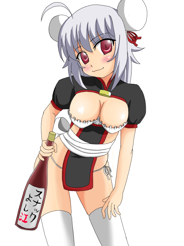 sawa (artist), sawa (snack yoshie), yoshie (sawa), original, 1girl, ahoge, breasts, bun cover, double bun, drink, female focus, grey hair, hair bun, large breasts, simple background, solo, thighhighs, white background