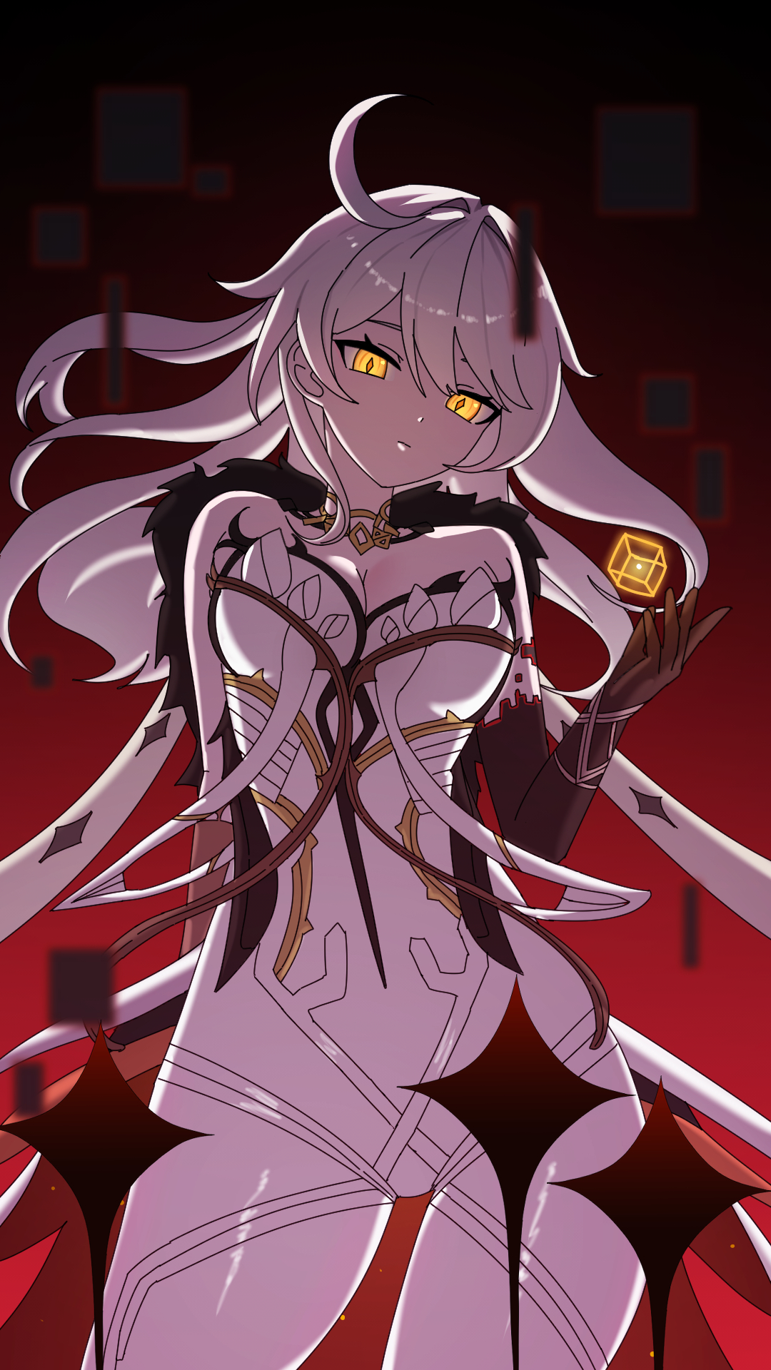 asmoday (genshin impact), genshin impact, highres, mixed-language commentary, 1girl, ahoge, bare shoulders, black fur, blurry, bodysuit, breasts, cleavage, closed mouth, colored skin, cube, depth of field, diamond-shaped pupils, diamond (shape), floating, floating hair, fur trim, glowing, glowing eyes, gradient background, hair between eyes, hair floating upwards, hair intakes, head tilt, huge ahoge, large breasts, light particles, motion blur, multicolored skin, orange eyes, powering up, red background, shade, solo, standing, star (symbol), symbol-shaped pupils, two-tone skin, upper body, user yamx3335, wavy hair, white hair