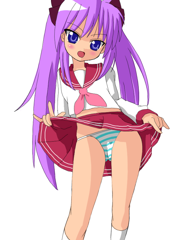 sawa (artist), sawa (snack yoshie), hiiragi kagami, lucky star, 00s, panties, skirt, solo, striped clothes, striped panties, underwear