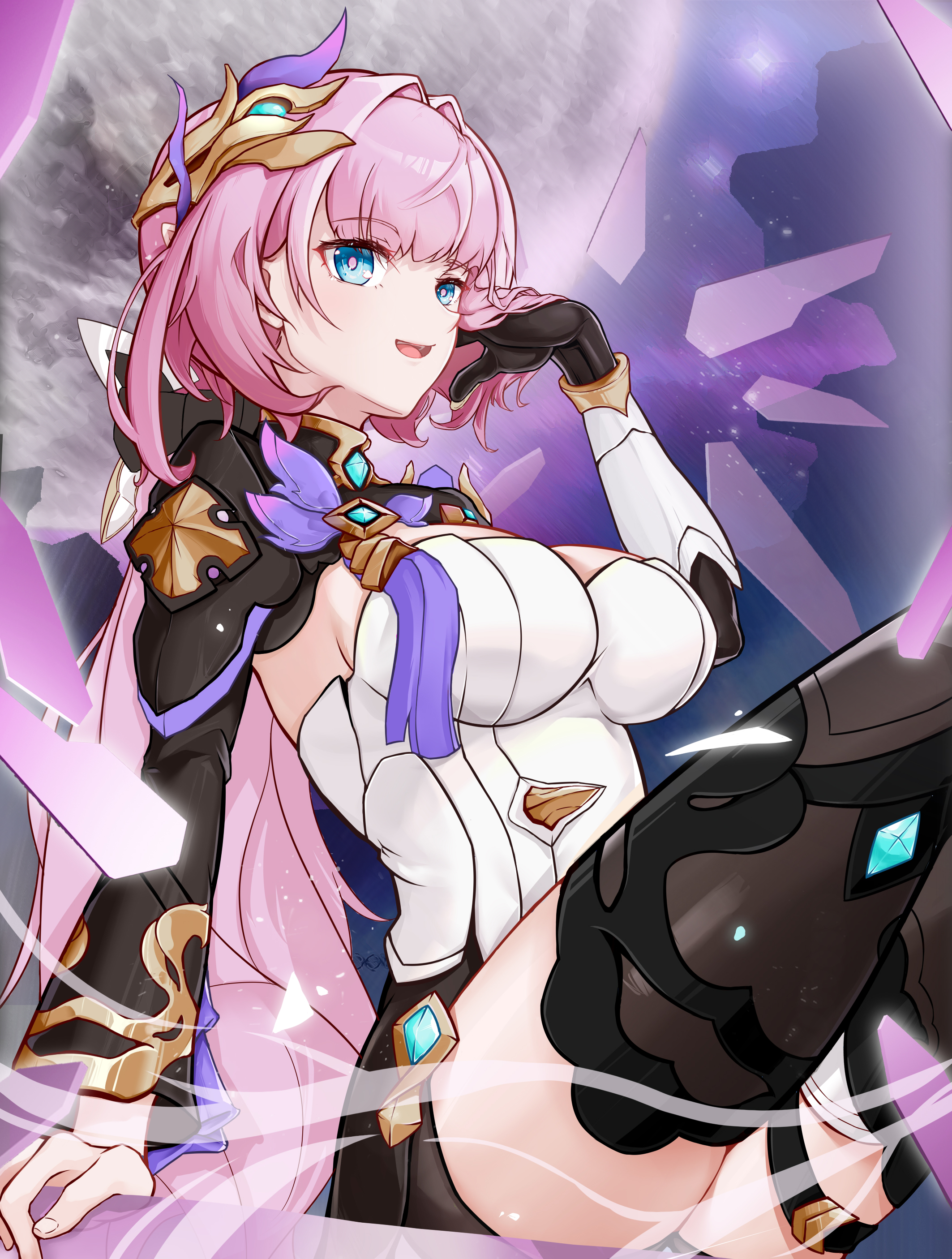elysia (honkai impact), elysia (miss pink elf) (honkai impact), honkai (series), honkai impact 3rd, absurdres, chinese commentary, commentary request, highres, 1girl, black boots, black gloves, black shorts, blue eyes, boots, breasts, cleavage, corset, elf, gloves, hair ornament, large breasts, long hair, nie shan die zui wei, pink hair, pointy ears, shorts, shrug (clothing), single glove, sitting, smile, solo, thighs, very long hair, white corset