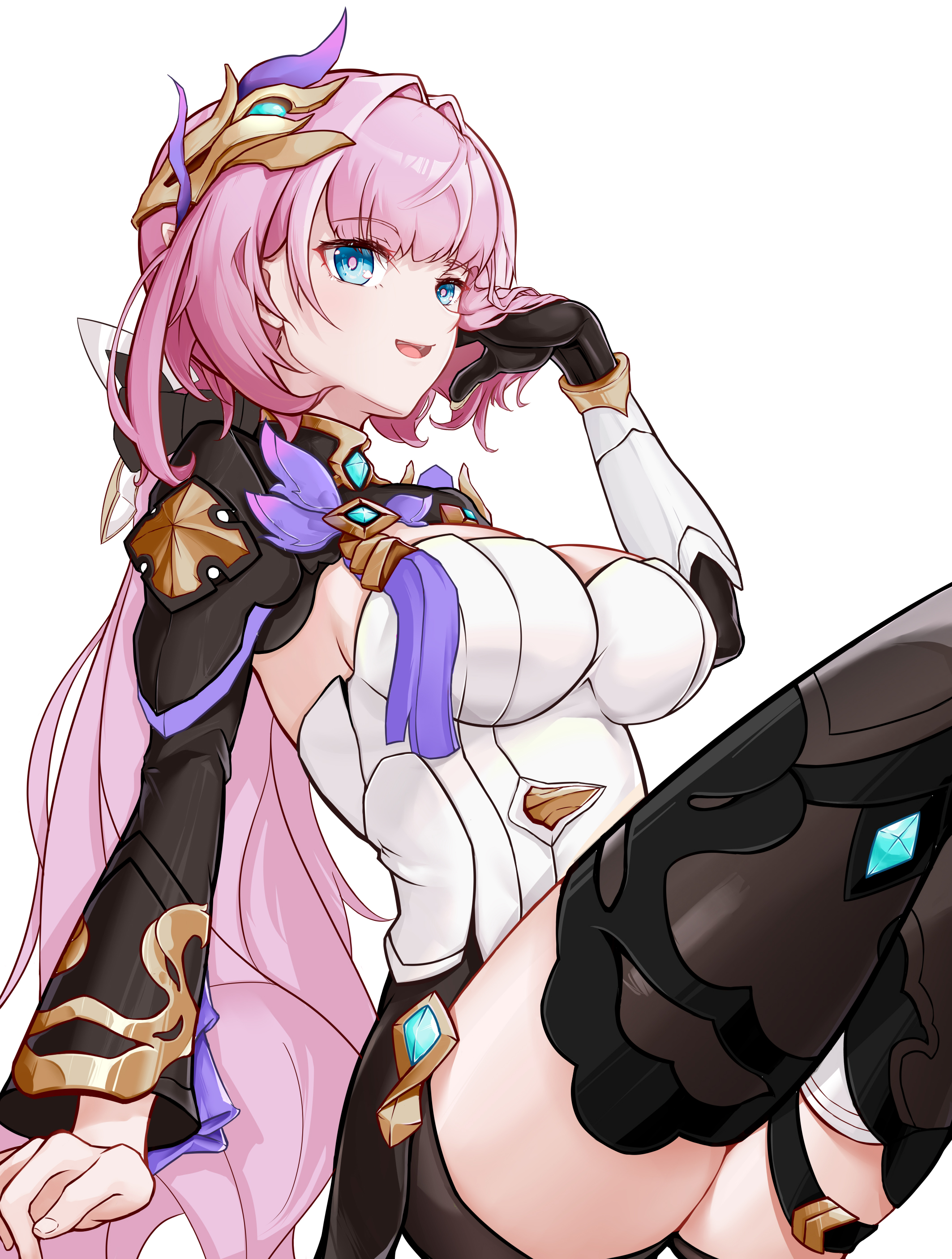 elysia (honkai impact), elysia (miss pink elf) (honkai impact), honkai (series), honkai impact 3rd, absurdres, chinese commentary, commentary request, highres, 1girl, black boots, black gloves, black shorts, blue eyes, boots, breasts, cleavage, corset, elf, gloves, hair ornament, large breasts, long hair, nie shan die zui wei, pink hair, pointy ears, shorts, shrug (clothing), simple background, single glove, sitting, smile, solo, thighs, very long hair, white background, white corset