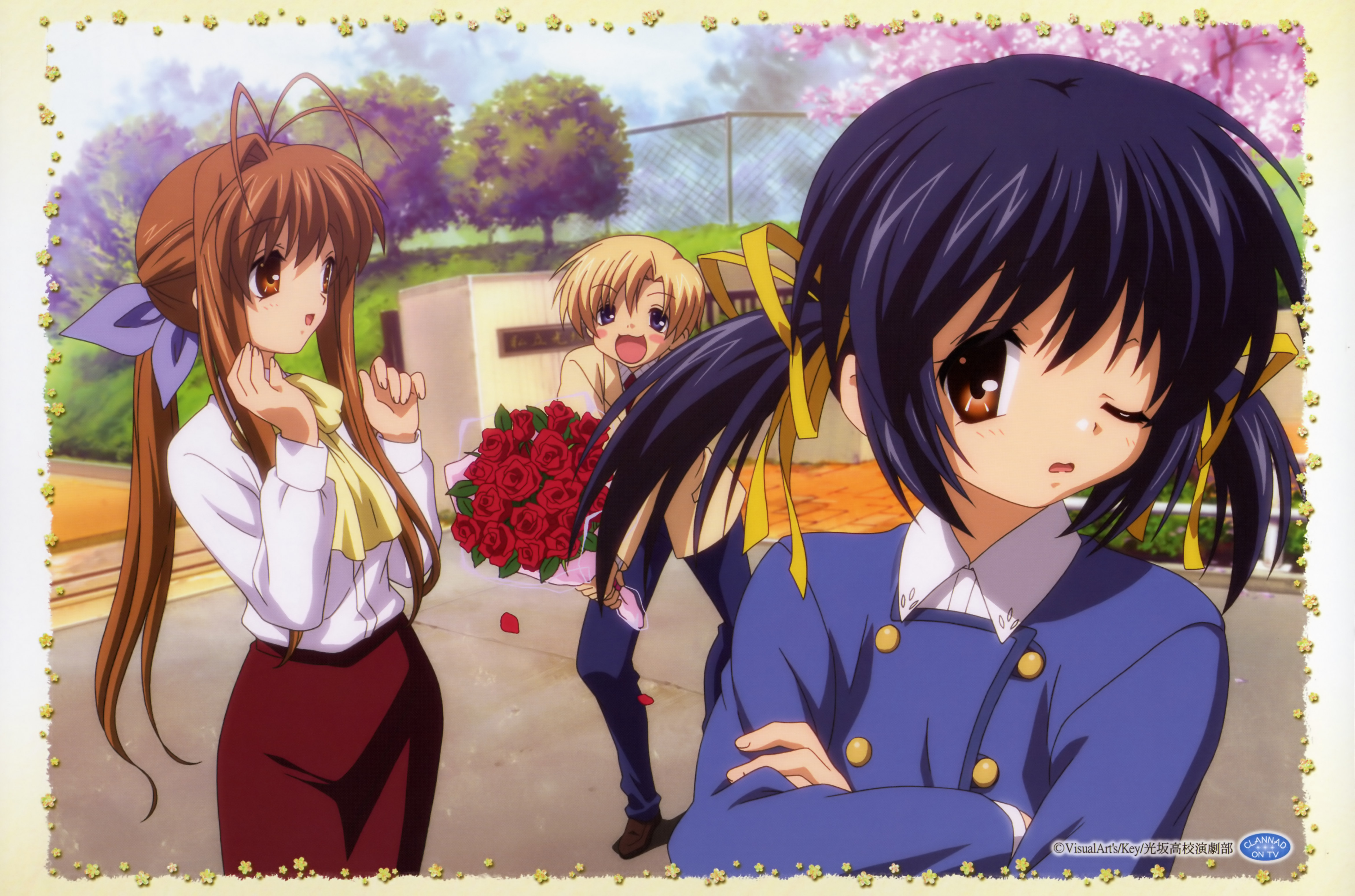 furukawa sanae, sunohara mei, sunohara youhei, clannad, absurdres, highres, official art, 00s, 1boy, 2girls, black hair, blonde hair, brown hair, flower, multiple girls, one eye closed, ponytail, rose, school uniform, serafuku, wink