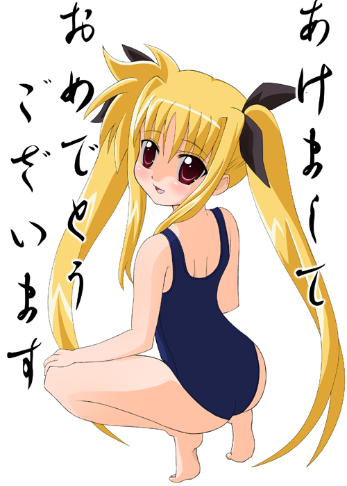 sawa (artist), sawa (snack yoshie), fate testarossa, lyrical nanoha, mahou shoujo lyrical nanoha, 00s, long hair, one-piece swimsuit, school swimsuit, solo, swimsuit, very long hair