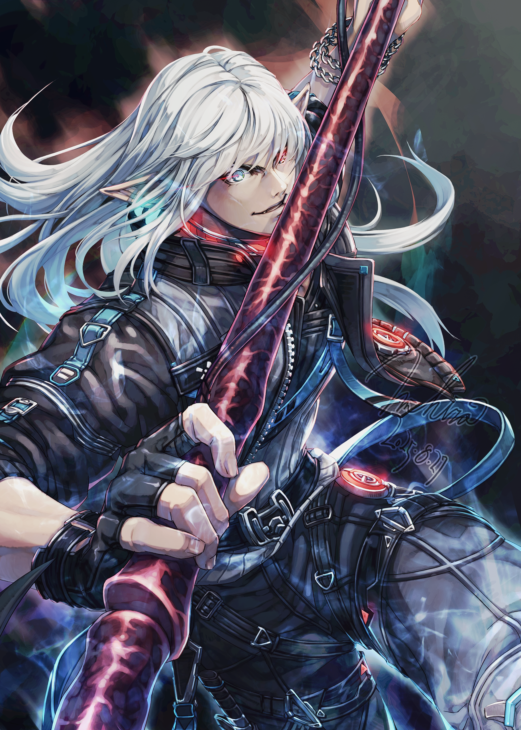 mihira (tainosugatayaki), estinien varlineau, final fantasy, final fantasy xiv, absurdres, highres, 1boy, black gloves, blue eyes, chain, chain bracelet, elezen, elf, fingerless gloves, gloves, glowing, glowing eyes, holding, holding polearm, holding weapon, jacket, long hair, long pointy ears, male focus, open clothes, open jacket, pointy ears, polearm, solo, weapon, white hair