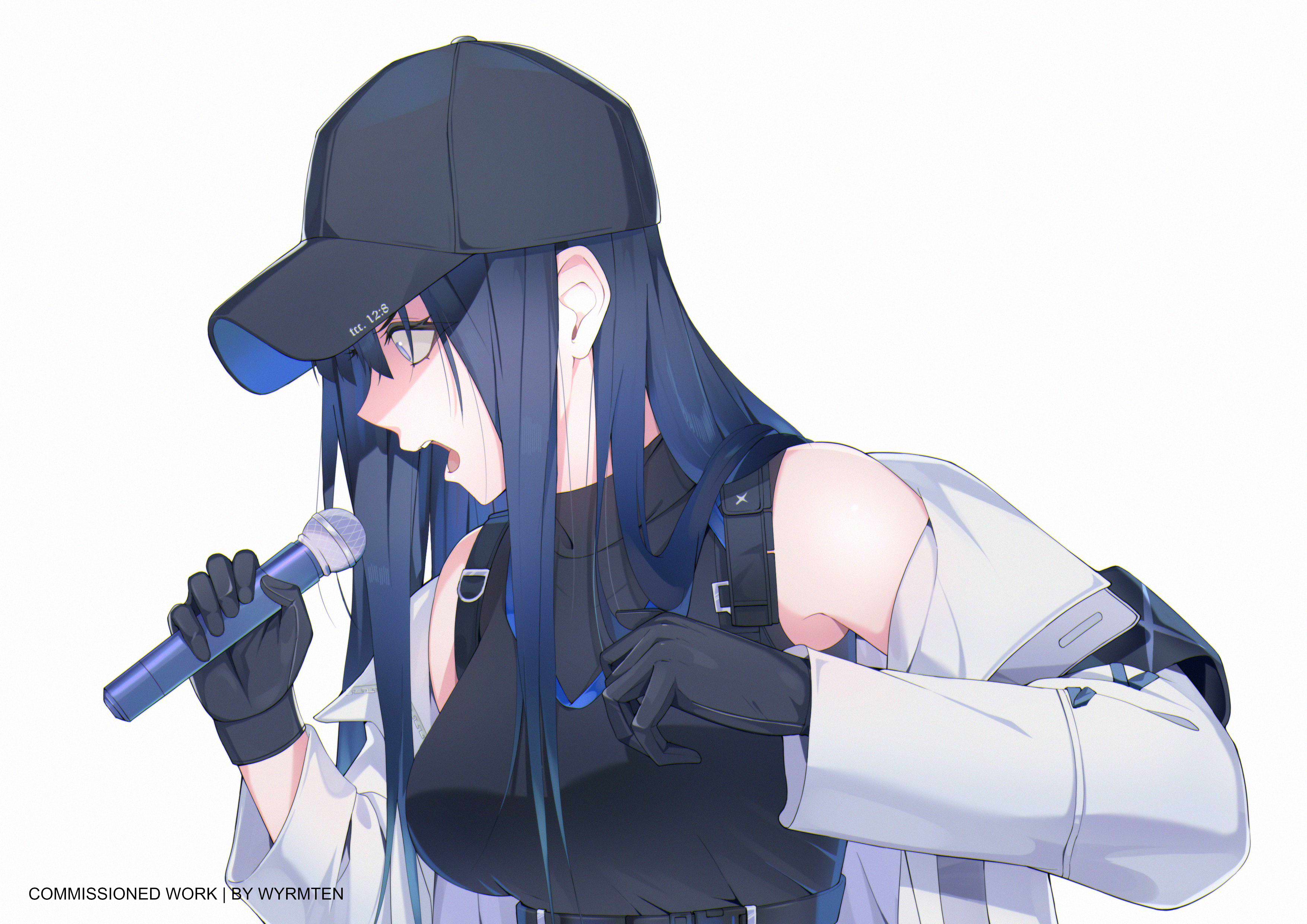saori (blue archive), blue archive, highres, 1girl, artist name, baseball cap, blue eyes, blue hair, breasts, coat, from side, gloves, hat, large breasts, long hair, microphone, music, open mouth, shaded face, singing, solo, teeth, tongue