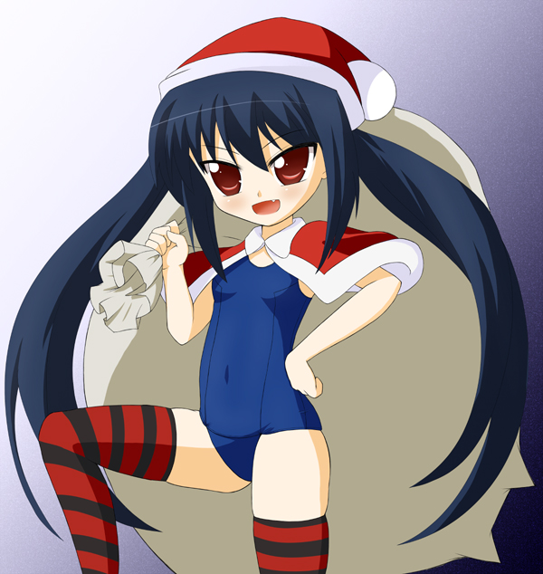 sawa (snack yoshie), kooh (pangya), pangya, 1girl, capelet, christmas, female focus, one-piece swimsuit, santa costume, school swimsuit, solo, striped clothes, striped thighhighs, swimsuit, thighhighs