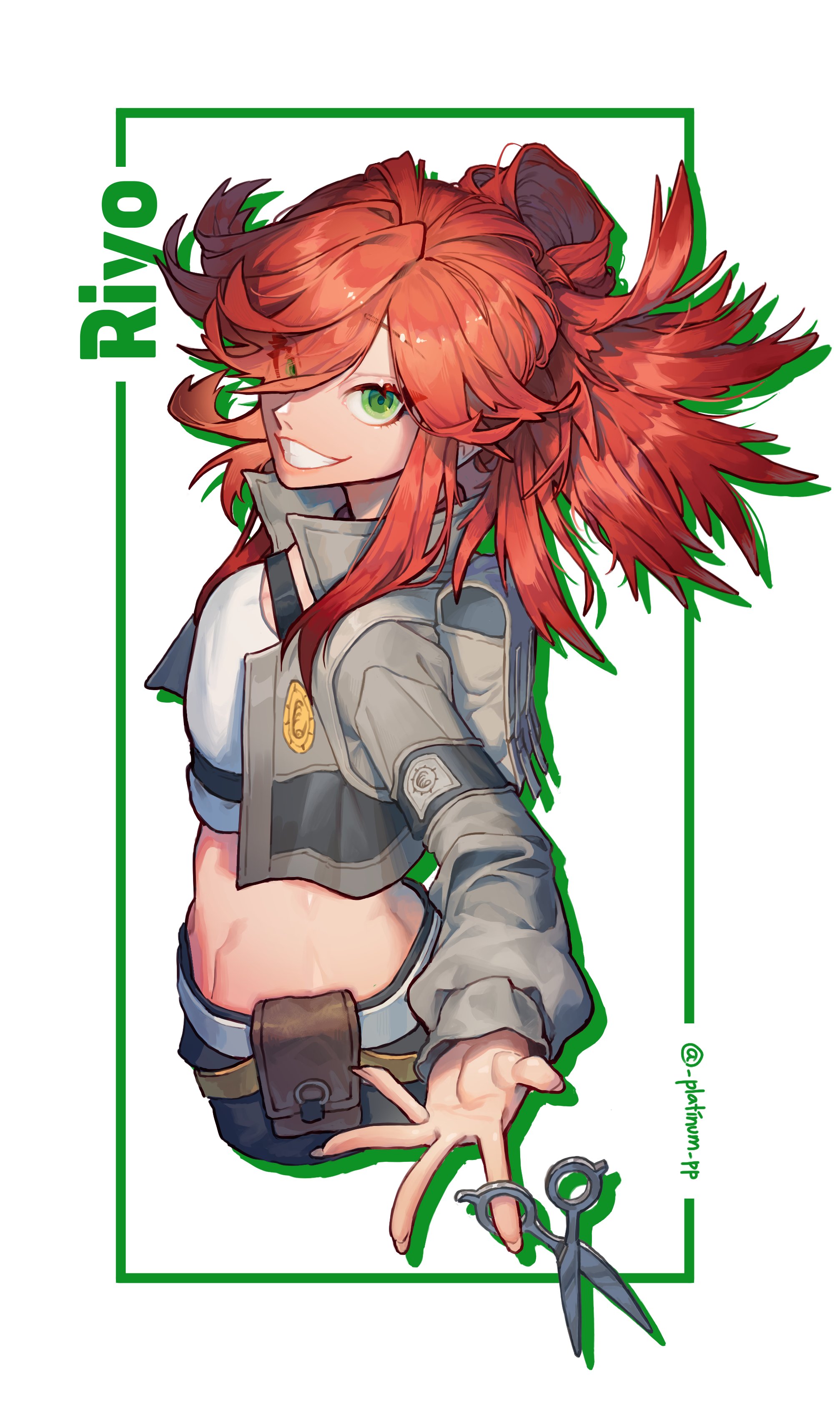 riyo reaper, gachiakuta, 1girl, green eyes, jacket, platinum pp, red hair, scissors, solo, twintails