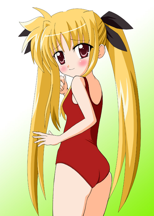 sawa (artist), sawa (snack yoshie), fate testarossa, lyrical nanoha, mahou shoujo lyrical nanoha, 00s, 1girl, blonde hair, female focus, long hair, one-piece swimsuit, red one-piece swimsuit, school swimsuit, solo, swimsuit, twintails, very long hair