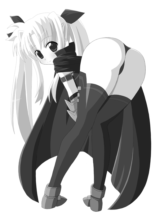 sawa (artist), sawa (snack yoshie), fate testarossa, lyrical nanoha, mahou shoujo lyrical nanoha, 00s, ass, bent over, greyscale, monochrome, solo, thighhighs