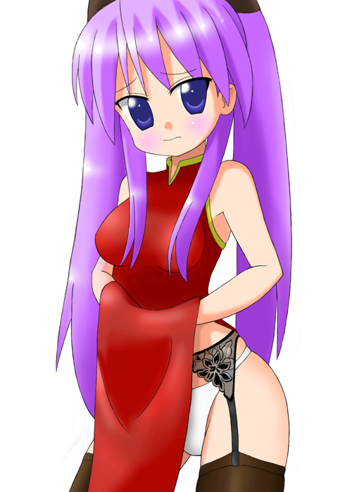 sawa (artist), sawa (snack yoshie), hiiragi kagami, lucky star, 00s, bare shoulders, blue eyes, blush, china dress, chinese clothes, dress, embarrassed, garter belt, lingerie, panties, purple hair, solo, thighhighs, twintails, underwear