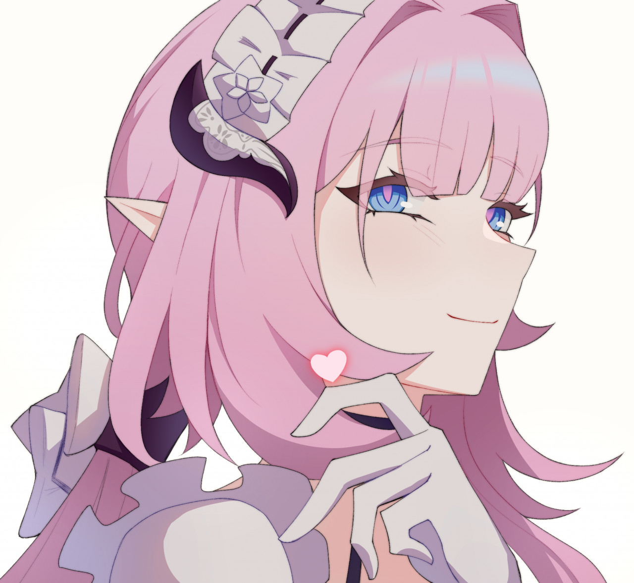 elysia (honkai impact), elysia (miss pink) (honkai impact), elysia (miss pink elf) (honkai impact), honkai (series), honkai impact 3rd, commentary, english commentary, 1girl, apron, blue eyes, cenori, elf, fake horns, from above, gloves, heart, horns, long hair, maid, maid apron, official alternate costume, pink hair, pointy ears, portrait, simple background, smile, solo, very long hair, white background, white gloves