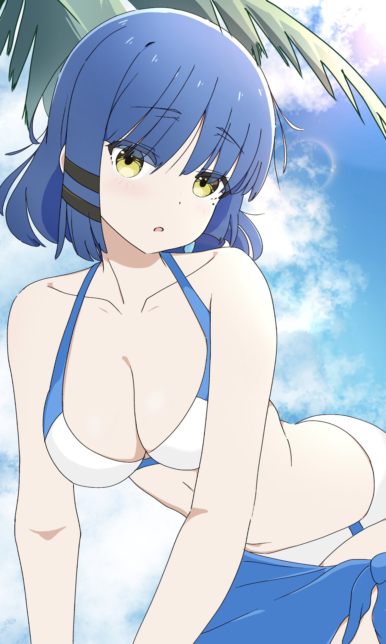 yamada ryo, bocchi the rock!, hashtag-only commentary, highres, 1girl, awaco ruku, bikini, blue hair, blue sky, blush, breasts, eyes visible through hair, hair between eyes, hair ornament, hairclip, large breasts, looking at viewer, mole, mole under eye, multicolored bikini, navel, official style, open mouth, palm tree, parted lips, short hair, sky, solo, swimsuit, tree, two-tone bikini, yellow eyes