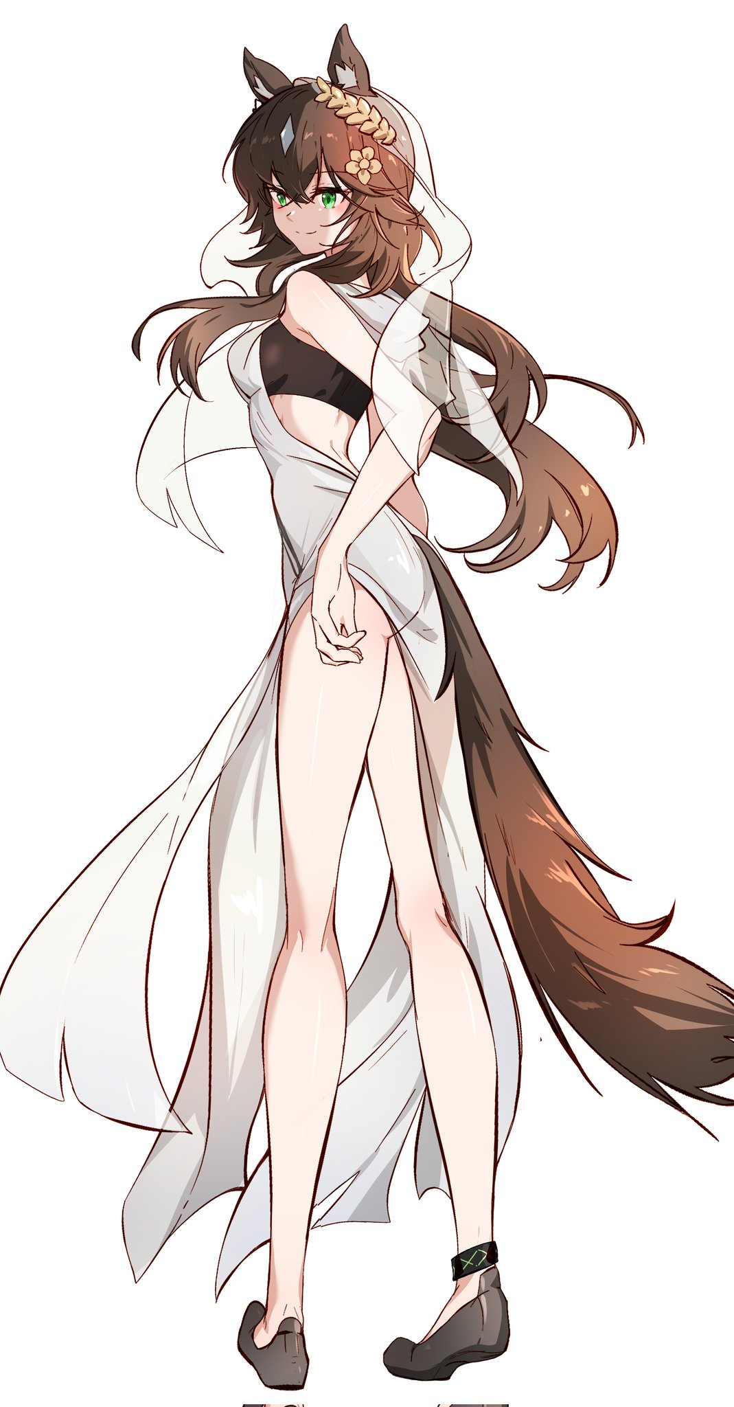 arya melati, meteor (arknights), arknights, highres, 1girl, animal ears, bare legs, black shoes, black tube top, breasts, brown hair, dress, flower, full body, green eyes, hair flower, hair ornament, head wreath, horse ears, horse girl, horse tail, long hair, see-through clothes, see-through veil, shoes, simple background, solo, standing, strapless, tail, tube top, veil, white background, white dress, white veil