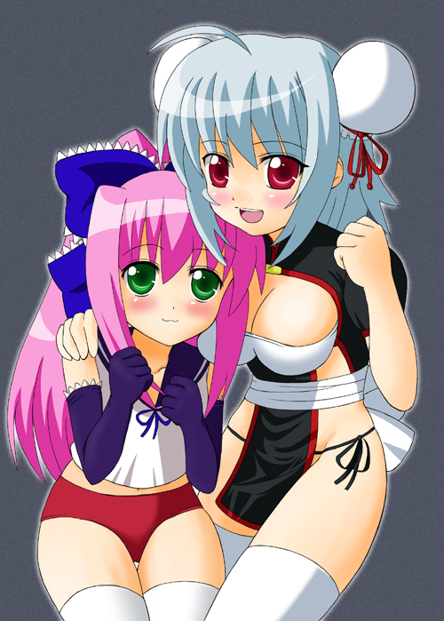 sawa (artist), sawa (snack yoshie), yoshie (sawa), original, white legwear, 2girls, ahoge, bow, breasts, bun cover, buruma, double bun, elbow gloves, gloves, grey hair, hair bow, large breasts, multiple girls, pink hair, thighhighs, underwear