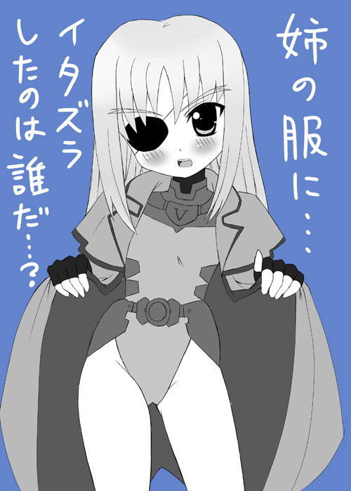 sawa (artist), sawa (snack yoshie), cinque (nanoha), numbers (nanoha), lyrical nanoha, mahou shoujo lyrical nanoha, mahou shoujo lyrical nanoha strikers, 00s, 1girl, blue background, female focus, monochrome, solo