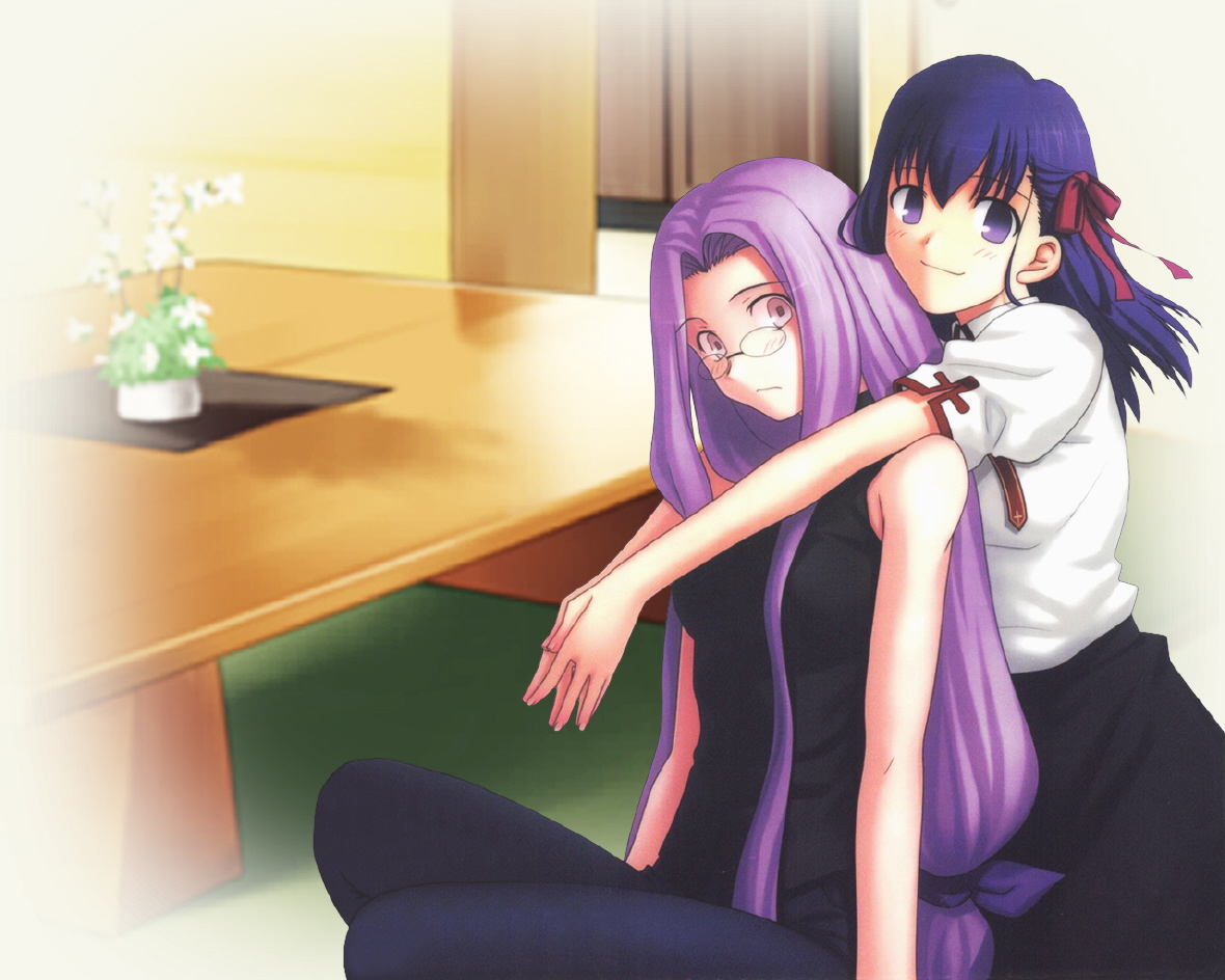 takeuchi takashi, matou sakura, medusa (fate), medusa (rider) (fate), fate/stay night, fate (series), corrupted metadata, 00s, 2girls, black shirt, blouse, collared shirt, glasses, hug, hug from behind, long hair, low-tied long hair, multiple girls, official alternate costume, pink eyes, purple eyes, purple hair, shirt, sleeveless, sleeveless shirt, square pupils, very long hair