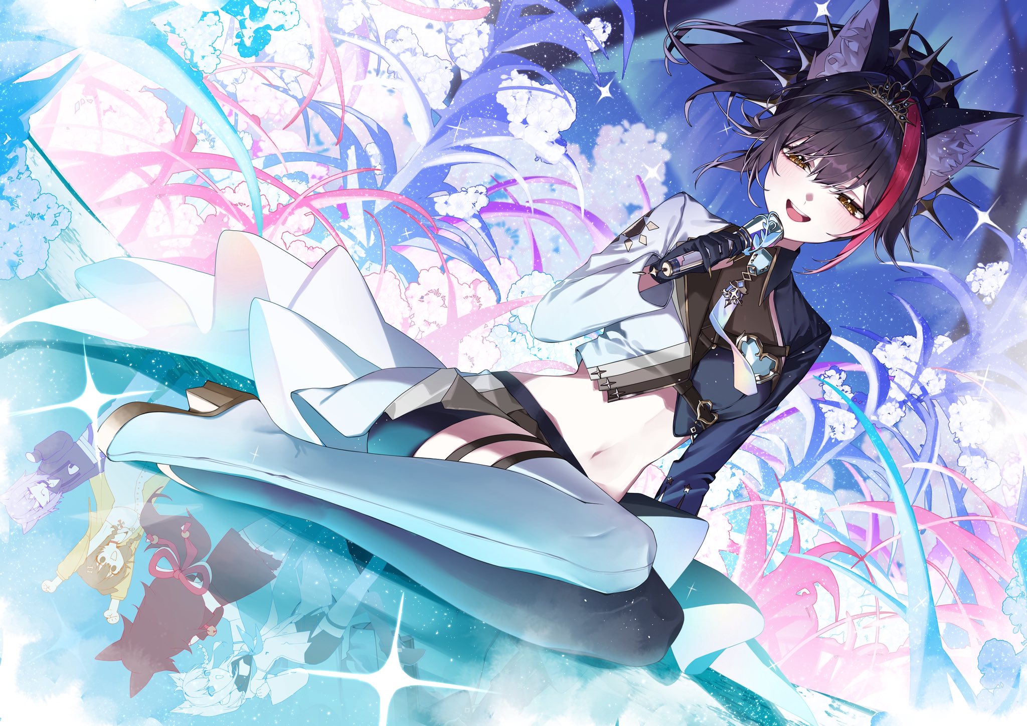 gang h, inugami korone, nekomata okayu, ookami mio, shirakami fubuki, hololive, highres, 4girls, animal ears, black gloves, black hair, black jacket, black skirt, blue necktie, boots, collared jacket, cropped jacket, different reflection, floral background, flower, gloves, heart-shaped gem, high ponytail, holding, holding microphone, jacket, long hair, long sleeves, looking at viewer, microphone, midriff, miniskirt, multicolored hair, multicolored jacket, multiple girls, navel, necktie, official alternate costume, official alternate hairstyle, ookami mio (our sparkle), ponytail, red hair, reflection, reflective floor, showgirl skirt, sitting, skirt, solo focus, streaked hair, thigh boots, tiara, two-tone jacket, virtual youtuber, white boots, white jacket, white skirt, wolf ears, wolf girl, yellow eyes, yokozuwari