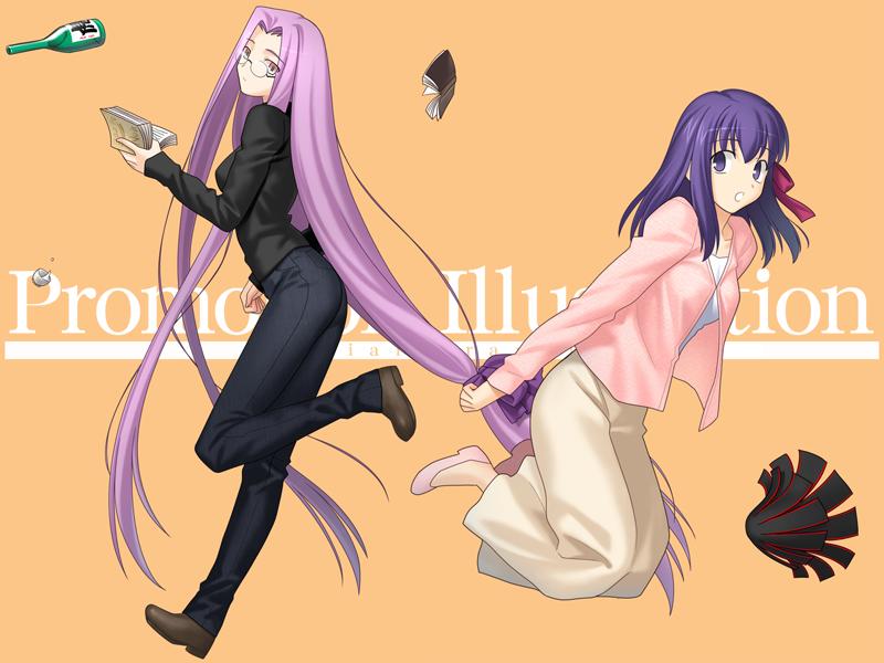 takeuchi takashi, matou sakura, medusa (fate), medusa (rider) (fate), fate/hollow ataraxia, fate/stay night, fate (series), 00s, 2girls, book, glasses, long hair, low-tied long hair, multiple girls, official alternate costume, orange background, purple eyes, purple hair, square pupils, very long hair