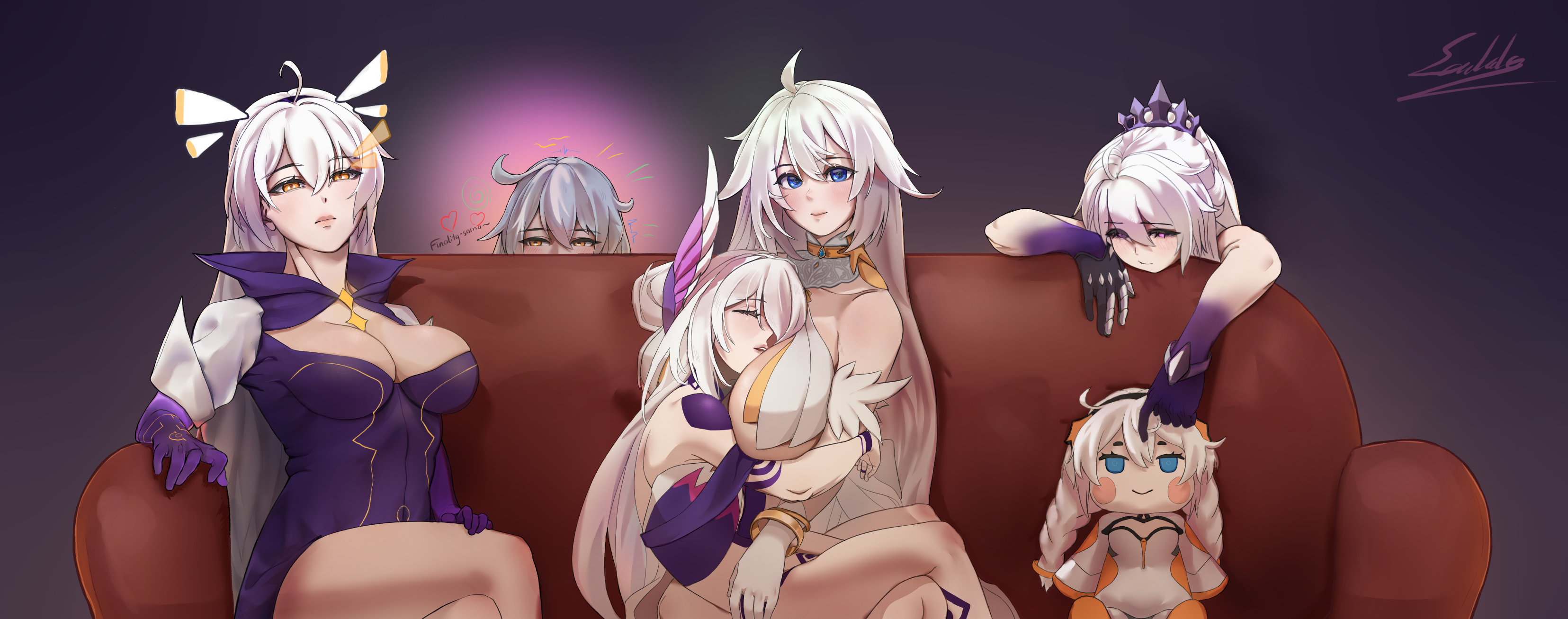 saddo2, asmoday (genshin impact), herrscher of the end, kiana kaslana, kiana kaslana (herrscher of finality), kiana kaslana (white comet), kugimiya rie, benghuai xueyuan, genshin impact, honkai (series), honkai impact 3rd, mihoyo, absurdres, commentary, english commentary, highres, 6+girls, ahoge, artist name, bare shoulders, blue eyes, blush, braid, breasts, chibi, cleavage, closed eyes, closed mouth, collared dress, colored skin, company connection, couch, crossed legs, crossover, detached collar, detached sleeves, dress, english text, formal clothes, gradient background, gradient hair, gradient skin, grey background, grey hair, hair between eyes, hair down, hair ornament, head tilt, headband, headpiece, height difference, high collar, high ponytail, huge ahoge, huge breasts, in-franchise crossover, leaning forward, leaning on object, leaning on person, light smile, long hair, long sleeves, look-alike, looking at viewer, looking down, looking to the side, loving aura, multicolored hair, multicolored skin, multiple crossover, multiple girls, on couch, orange hair, peeking out, pink lips, ponytail, shade, short sleeves, shy, signature, sitting, sitting on person, sleeping, sleeveless, suit, thighs, trait connection, twin braids, two-tone skin, voice actor connection, wavy hair, white hair
