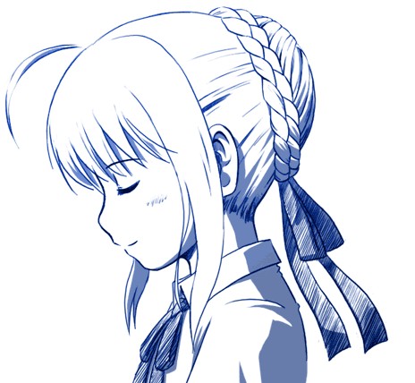 artoria pendragon (fate), saber (fate), fate/stay night, fate (series), lowres, 00s, 1girl, blouse, blue theme, closed eyes, female focus, monochrome, shirt, solo