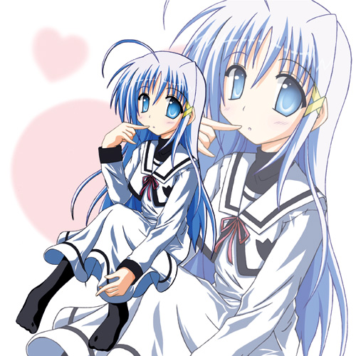 reinforce zwei, lyrical nanoha, mahou shoujo lyrical nanoha, mahou shoujo lyrical nanoha strikers, lowres, 00s, 1girl, blue eyes, blue hair, female focus, hair ornament, long hair, matching hair/eyes, pantyhose, school uniform, serafuku, solo, x hair ornament, zoom layer