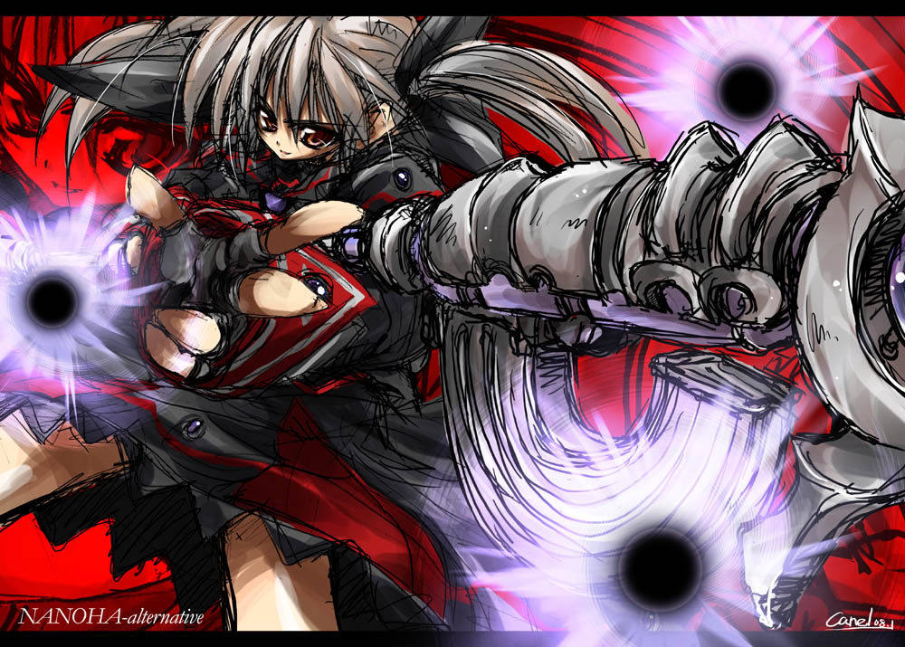 raising heart, takamachi nanoha, lyrical nanoha, mahou shoujo lyrical nanoha, 00s, 1girl, alternate color, alternate costume, alternate weapon, dark persona, energy ball, female focus, fingerless gloves, gloves, magazine (weapon), magical girl, red eyes, solo, twintails, weapon, white devil