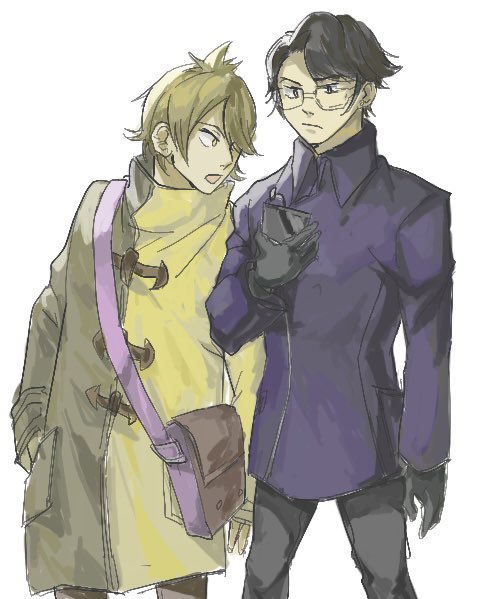 gamon yuuta, hashigami sarai, occultic;nine, science adventure, 2boys, bag, black gloves, black hair, black pants, blue coat, brown coat, brown eyes, brown pants, coat, frown, glasses, gloves, green eyes, green hair, hand in pocket, holding, holding phone, leaning to the side, looking at another, looking at object, male focus, multicolored coat, multiple boys, open mouth, pants, phone, pink bag, short hair, sketch, supernova 11451, talking, yellow coat