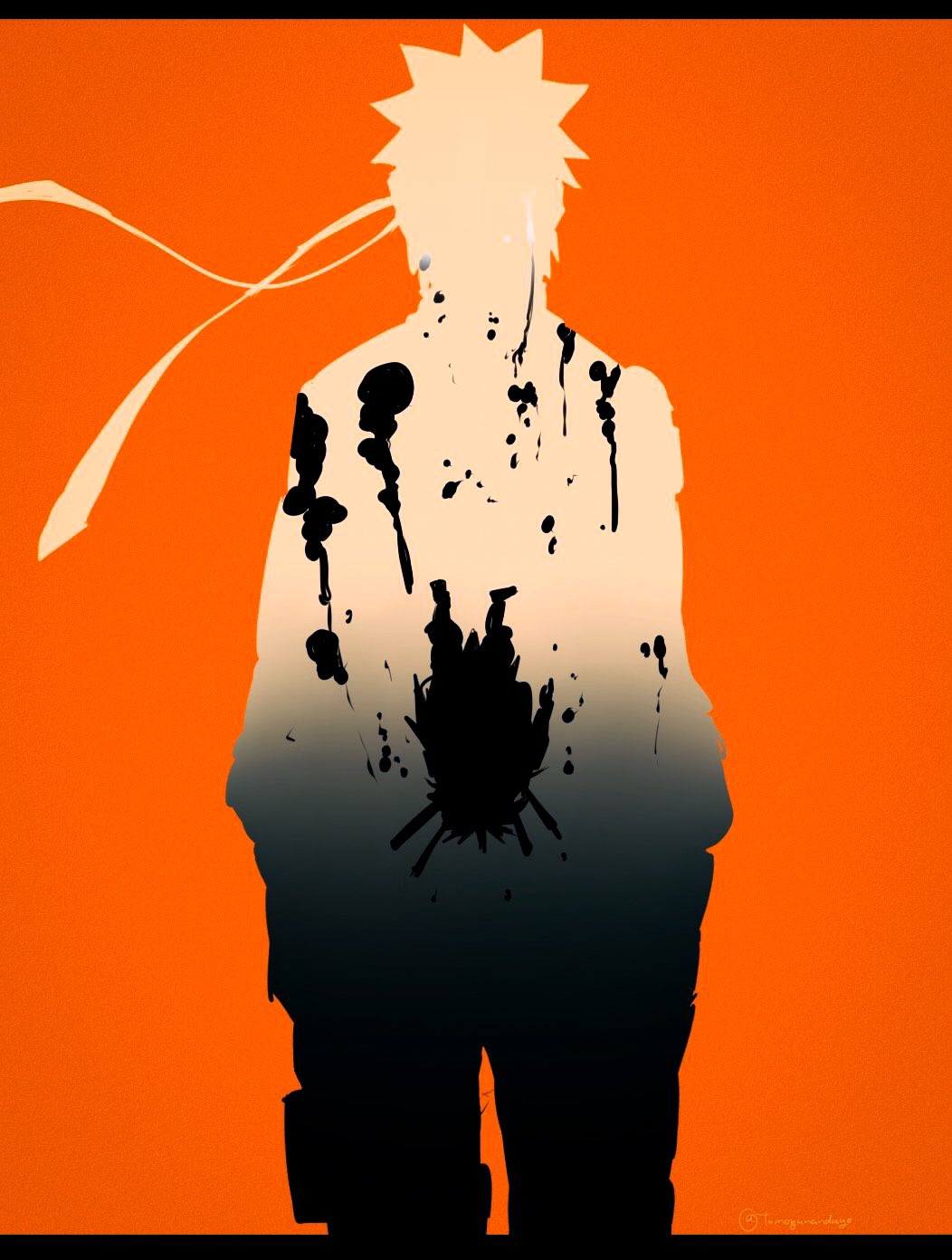 imamuu (imamoon), jiraiya (naruto), uzumaki naruto, naruto (series), commentary request, highres, 2boys, blood, blood splatter, hands in pockets, headband, male focus, multiple boys, orange background, simple background, spiked hair, tears, twitter username