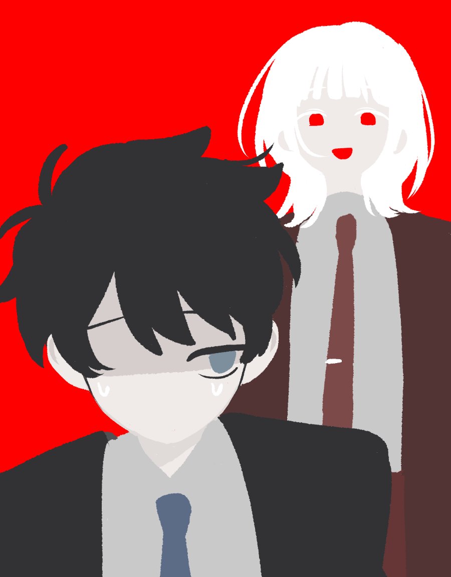 akinashi haru, tatsunami shion, saihate eki, 2boys, black hair, blue eyes, collared shirt, colored eyelashes, fanged bangs, looking at another, looking back, loose hair strand, male focus, multiple boys, necktie, no lineart, no mouth, open mouth, pale skin, pants, red background, red eyes, red necktie, shirt, smile, sweatdrop, tie clip, white hair, white shirt