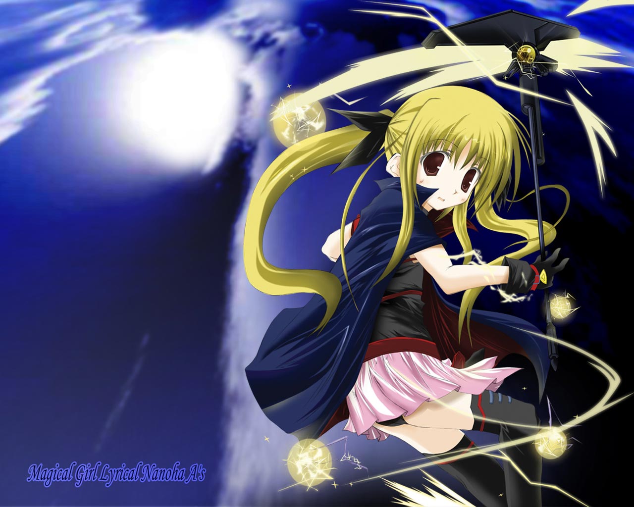 bardiche (haken form) (nanoha), bardiche (nanoha), fate testarossa, fate testarossa (lightning form), lyrical nanoha, mahou shoujo lyrical nanoha, mahou shoujo lyrical nanoha a's, 00s, 1girl, :d, arm strap, belt, belt bra, belt skirt, black gloves, black thighhighs, blonde hair, blush, buckle, cape, copyright name, electricity, energy ball, energy weapon, female focus, flat chest, from side, gloves, hair ribbon, holding, holding weapon, leotard, long hair, looking at viewer, looking back, magical girl, miniskirt, open mouth, panties, pantyshot, pleated skirt, polearm, ribbon, scythe, sidelocks, skirt, smile, solo, thighhighs, twintails, underwear, weapon
