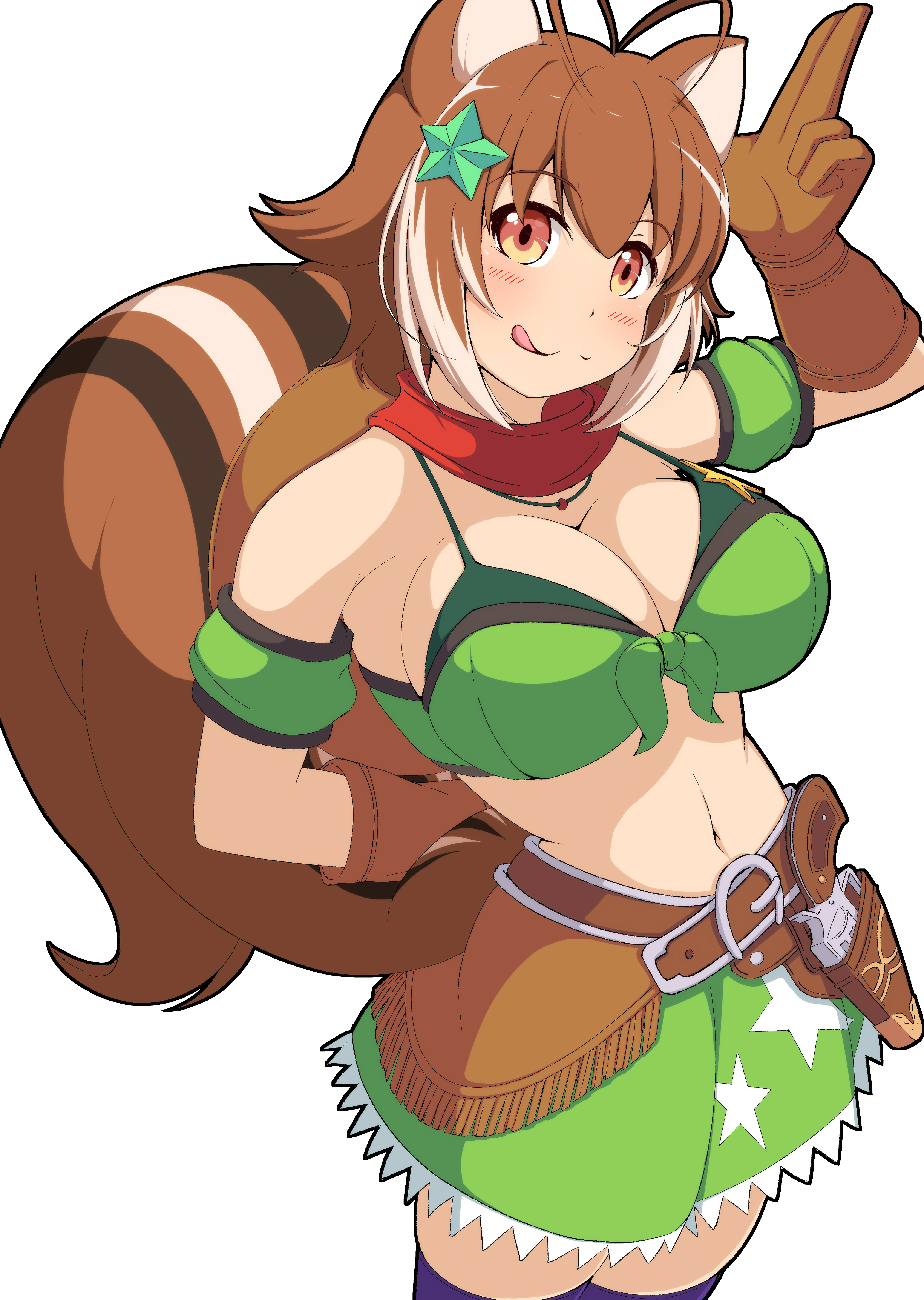 mirano, makoto nanaya, blazblue, 1girl, :q, animal ears, bare shoulders, belt, bra, breasts, brown hair, gloves, gun, large breasts, short hair, skirt, squirrel ears, squirrel tail, tail, tongue, tongue out, underwear, weapon, white background