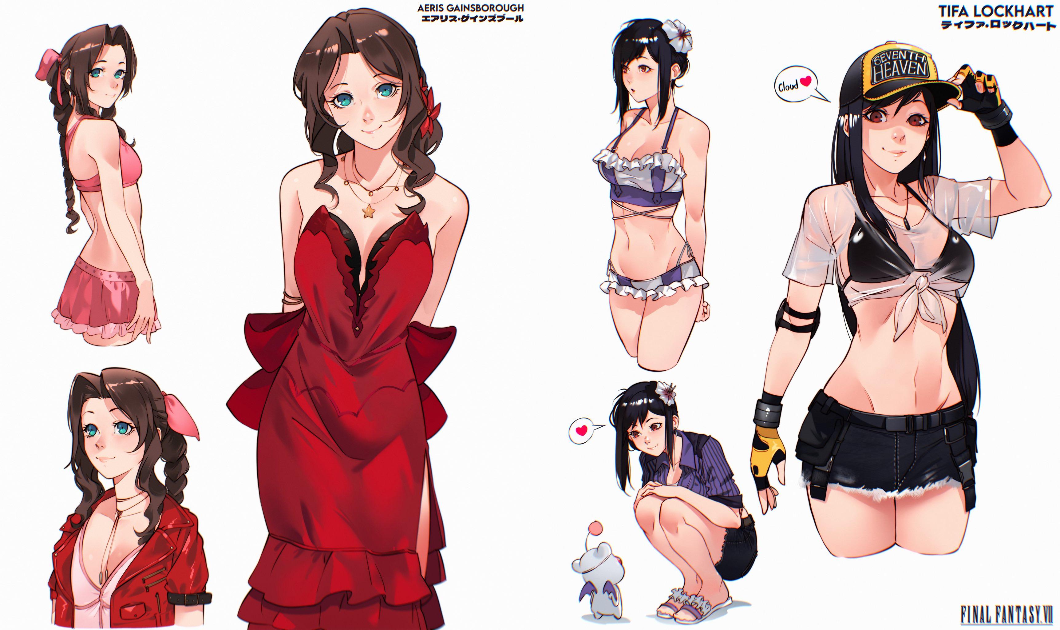 aerith gainsborough, aerith gainsborough (pink mermaid), aerith gainsborough (red dress), tifa lockhart, tifa lockhart (shining spirit), final fantasy, final fantasy vii, final fantasy vii rebirth, final fantasy vii remake, artist request, highres, source request, 2girls, baseball cap, bikini, blue eyes, braid, breasts, brown eyes, brown hair, character name, cleavage, copyright name, female focus, flower, hair flower, hair ornament, hat, large breasts, long hair, multiple girls, multiple views, official alternate costume, swimsuit, white background