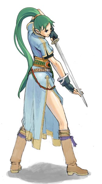 lyn (fire emblem), fire emblem, fire emblem: the blazing blade, nintendo, 1girl, boots, brown boots, female focus, fingerless gloves, gloves, green eyes, green hair, katana, long hair, matching hair/eyes, pelvic curtain, ponytail, side slit, solo, sword, very long hair, weapon