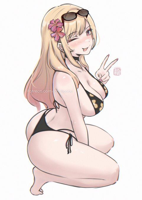 kitagawa marin, sono bisque doll wa koi wo suru, 1girl, artist name, ass, bare arms, bare shoulders, bikini, black bikini, black choker, choker, eyewear on head, feet, female focus, fingernails, floral print, floral print bikini, flower, gradient hair, gyaru v, hair flower, hair ornament, long hair, looking at viewer, multi-strapped bikini bottom, multicolored hair, one eye closed, patreon username, pink hair, pink nails, side-tie bikini bottom, solo, strap slip, swimsuit, tongue, tongue out, v, watermark, web address, white background, wink