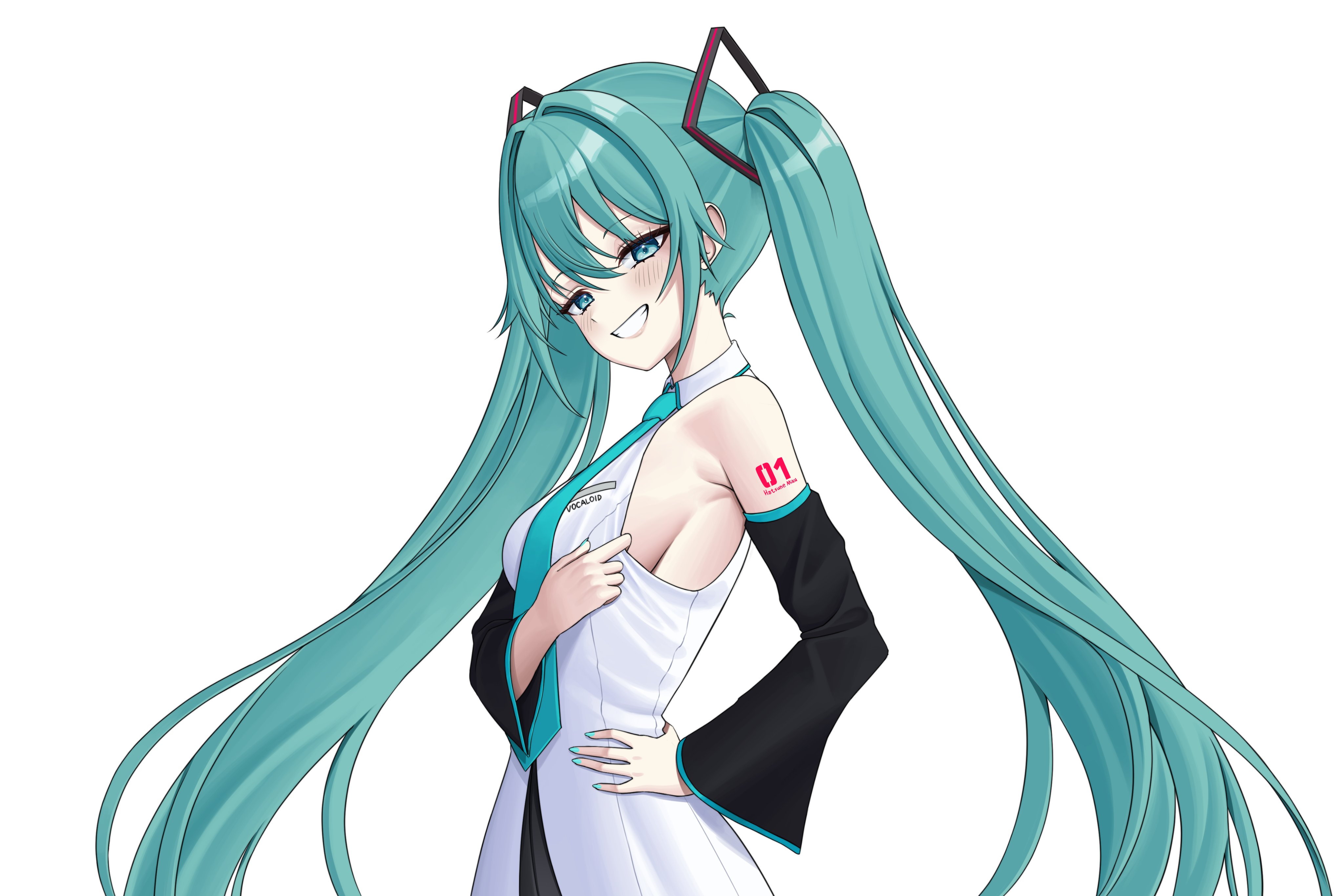 nagamma, hatsune miku, vocaloid, 1girl, aqua eyes, aqua hair, bare shoulders, black sleeves, blue nails, blush, breasts, detached sleeves, eyelashes, female focus, fingernails, from side, half-closed eyes, hand on own waist, looking at viewer, looking to the side, matching hair/eyes, nail polish, naughty face, shirt, simple background, sleeveless, sleeveless shirt, small breasts, solo, twintails, upper body, white background, white shirt