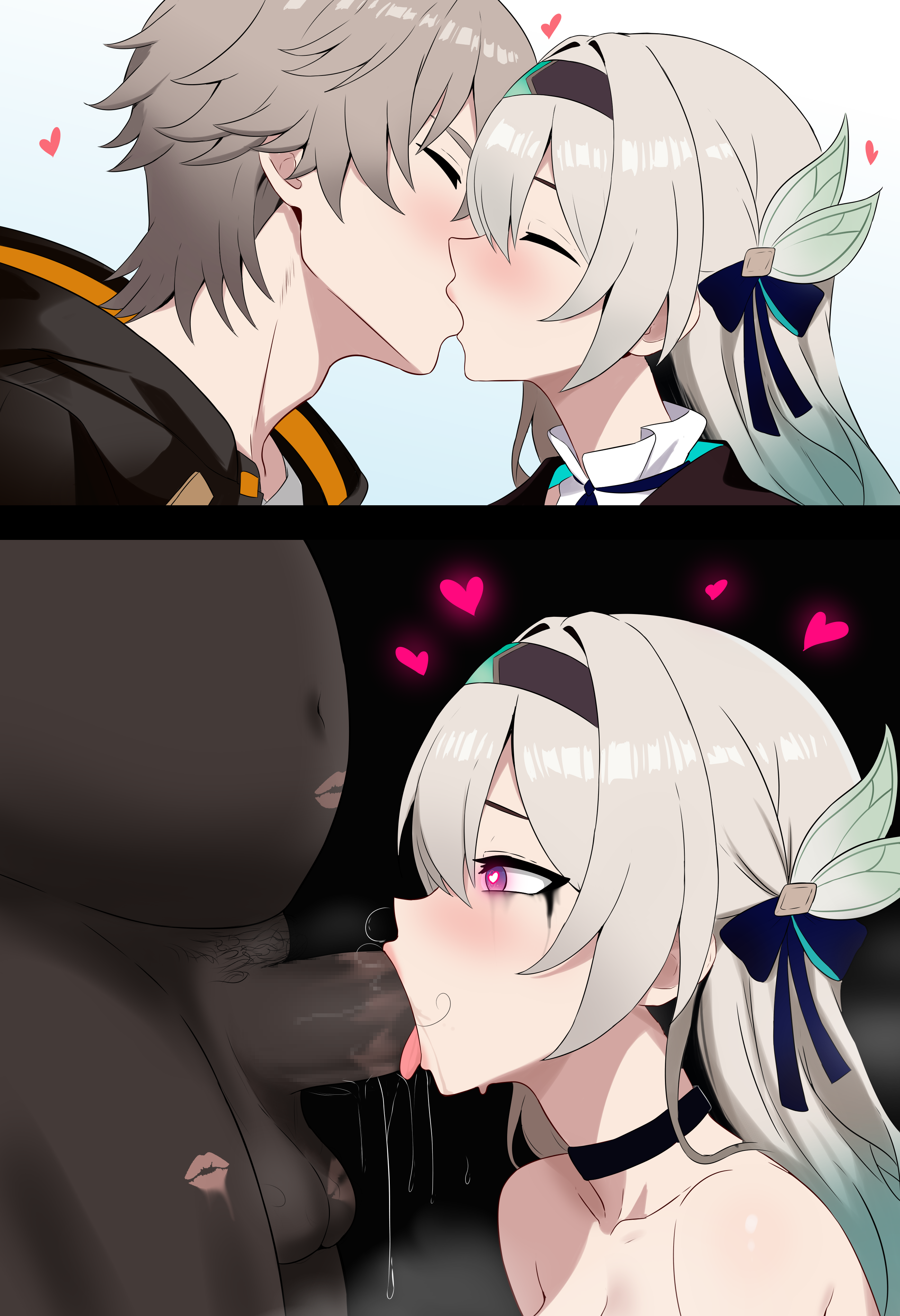 firefly (honkai: star rail), honkai: star rail, honkai (series), 1girl, 2boys, before and after, blush, breasts, cheating (relationship), choker, fat, fat man, fellatio, french kiss, hair ribbon, happy, heart, heart-shaped pupils, interracial, kiss, lipstick mark, long hair, makeup, mascara, multicolored hair, multiple boys, naughty face, netorare, nude, oral, ribbon, runny makeup, saliva, saliva trail, symbol-shaped pupils, tongue, tongue out, white hair